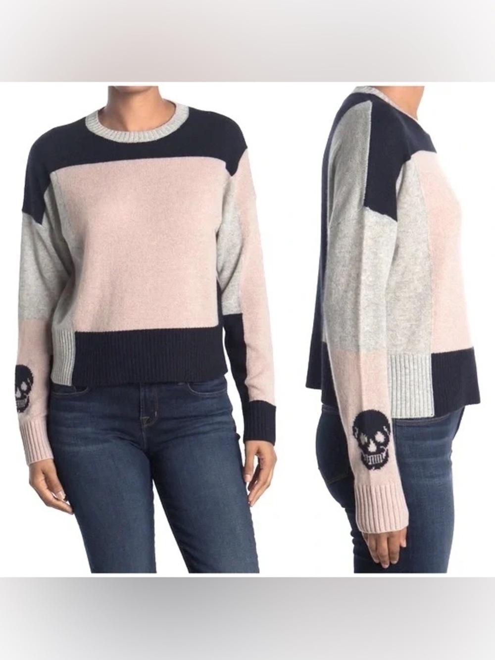 Skull Cashmere Graphic Colorblock Crewneck Cashmere Sweater Pink Navy Gray xs